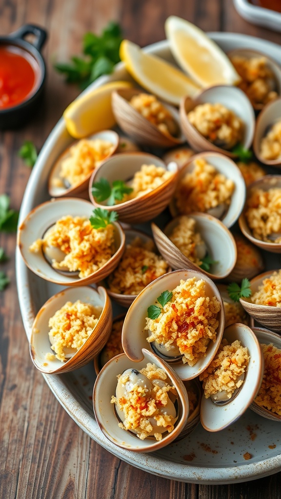 Baked clams with golden topping and parsley, served with lemon wedges on a rustic table.